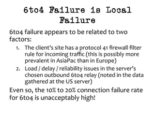 6to4 Failure is Local
Failure
6to4	failure	appears	to	be	related	to	two	
factors:	
1.  The	client’s	site	has	a	protocol	41	ﬁrewall	ﬁlter	
rule	for	incoming	traﬃc	(this	is	possibly	more	
prevalent	in	AsiaPac	than	in	Europe)	
2.  Load	/	delay	/	reliability	issues	in	the	server’s	
chosen	outbound	6to4	relay	(noted	in	the	data	
gathered	at	the	US	server)	
Even	so,	the	10%	to	20%	connection	failure	rate	
for	6to4	is	unacceptably	high!	
 