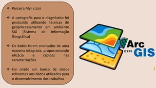 ❖ Parceira Myr x Esri
❖ A cartografia para o diagnóstico foi
produzida utilizando técnicas de
geoprocessamento em ambiente
SIG (Sistema de Informação
Geográfica)
❖ Os dados foram analisados de uma
maneira integrada, proporcionando
eficácia e rapidez nas
caracterizações
❖ Foi criado um banco de dados
referentes aos dados utilizados para
o desenvolvimento dos trabalhos
 