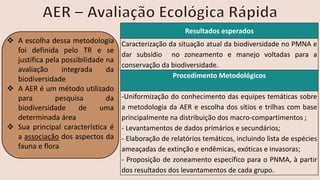 ❖ A escolha dessa metodologia
foi definida pelo TR e se
justifica pela possibilidade na
avaliação integrada da
biodiversidade
❖ A AER é um método utilizado
para pesquisa da
biodiversidade de uma
determinada área
❖ Sua principal característica é
a associação dos aspectos da
fauna e flora
Resultados esperados
Caracterização da situação atual da biodiversidade no PMNA e
dar subsídio no zoneamento e manejo voltadas para a
conservação da biodiversidade.
Procedimento Metodológicos
-Uniformização do conhecimento das equipes temáticas sobre
a metodologia da AER e escolha dos sítios e trilhas com base
principalmente na distribuição dos macro-compartimentos ;
- Levantamentos de dados primários e secundários;
- Elaboração de relatórios temáticos, incluindo lista de espécies
ameaçadas de extinção e endêmicas, exóticas e invasoras;
- Proposição de zoneamento específico para o PNMA, à partir
dos resultados dos levantamentos de cada grupo.
 