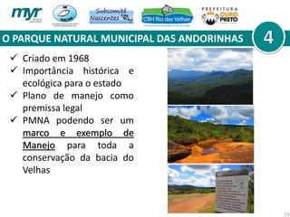O PARQUE NATURAL MUNICIPAL DAS ANDORINHAS
13
 Criado em 1968
 Importância histórica e
ecológica para o estado
 Plano de manejo como
premissa legal
 PMNA podendo ser um
marco e exemplo de
Manejo para toda a
conservação da bacia do
Velhas
 