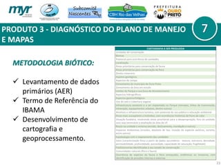 PRODUTO 3 - DIAGNÓSTICO DO PLANO DE MANEJO
E MAPAS
23
METODOLOGIA BIÓTICO:
 Levantamento de dados
primários (AER)
 Termo de Referência do
IBAMA
 Desenvolvimento de
cartografia e
geoprocessamento.
CARTOGRAFIA A SER PRODUZIDA
Unidades de conservação
Biomas
Potencial para ocorrência de cavidades
Localização
Áreas prioritárias para conservação de fauna
Áreas prioritárias para conservação da flora
Direito minerário
Aspetos geológicos
Aspectos de campo
Zoneamento do município de Ouro Preto
Zoneamento da área em estudo
Limites do Parque e sua Zona de Amortecimento
Aspectos hidrográficos
Aspectos geomorfológicos
Uso do solo e cobertura vegetal
Infraestrutura existente e a ser implantada no Parque (estradas, linhas de transmissão,
mineração, equipamentos urbanos, dentre outros)
Atrativos e infraestrutura turística, com potencial de uso público e educação ambiental
Áreas mais susceptíveis a incêndios, com ocorrências históricas de focos de calor
Situação fundiária, mostrando áreas prioritárias para a desapropriação, fora da unidade,
caso seja necessária a ampliação da área da UC
Riscos na unidade e entorno (erosão, deslizamento, inundação e outros)
Impactos Ambientais (erosões, depósito de lixo, invasão de espécies exóticas, turismo,
entre outros)
Espeleologia com o mapeamento das cavidades
Solos (caracterização física a partir de dados secundários - textura, estrutura, densidade,
permeabilidade, profundidade, porosidade, capacidade de saturação, fragilidade)
Fitofisionomias identificadas e seu estado de conservação
Comunidades naturais (flora e fauna)
Ocorrência de espécies da fauna e flora ameaçadas, endêmicas ou invasoras, com
identificação de pressões internas e externas
 