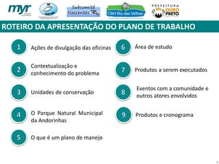 ROTEIRO DA APRESENTAÇÃO DO PLANO DE TRABALHO
6
Ações de divulgação das oficinas
Contextualização e
conhecimento do problema
Unidades de conservação
O Parque Natural Municipal
da Andorinhas
O que é um plano de manejo
Produtos a serem executados
Área de estudo
Eventos com a comunidade e
outros atores envolvidos
Produtos e cronograma
 