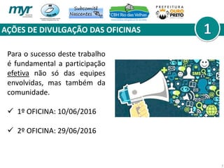 AÇÕES DE DIVULGAÇÃO DAS OFICINAS
7
Para o sucesso deste trabalho
é fundamental a participação
efetiva não só das equipes
envolvidas, mas também da
comunidade.
 1º OFICINA: 10/06/2016
 2º OFICINA: 29/06/2016
 