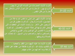 31- الآيات 22 
ذكرت الآيات المحرمات من النساء اللواتى لا يجوز 
الزواج بهن ، ثم حذرت من أكل أموال الناس بالباطل ،كما 
حذرت من قتل النفس . 
جاءت الآيات تنهى عن تمنى ما خص الله به كلا من 
الجنسين- النساء والرجال ، ثم ذكرت حقوق كل من 
الزوجين على الآخر ، وأرشدت الآيات إلى الخطوات التى 
ينبغى التدرج بها فى حالة النشوز والعصيان . ثم ذكرت 
ضرورة الإحسن إلى الوالدين وذى القربى واليتامى 
والمساكين والجار والصاحب وابن السبيل ، ثم تحدثت عن 
الصلاة وشروطها . 
43- الآيات 32 
ذكرت الآيات ما عليه اليهود من الكفر والجحود ، 
والتكذيب بآيات الله ، ثم ذكرت طائفة من عقائد أهل الكتاب 
الزائفة وما أعد لهم من عذاب جهنم. 
57- الآيات 44 
 