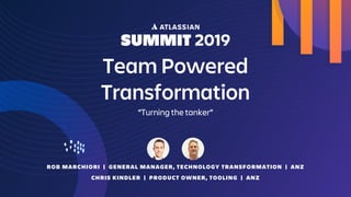 Team Powered
Transformation
“Turning the tanker”
ROB MARCHIORI | GENERAL MANAGER, TECHNOLOGY TRANSFORMATION | ANZ
CHRIS KINDLER | PRODUCT OWNER, TOOLING | ANZ
 