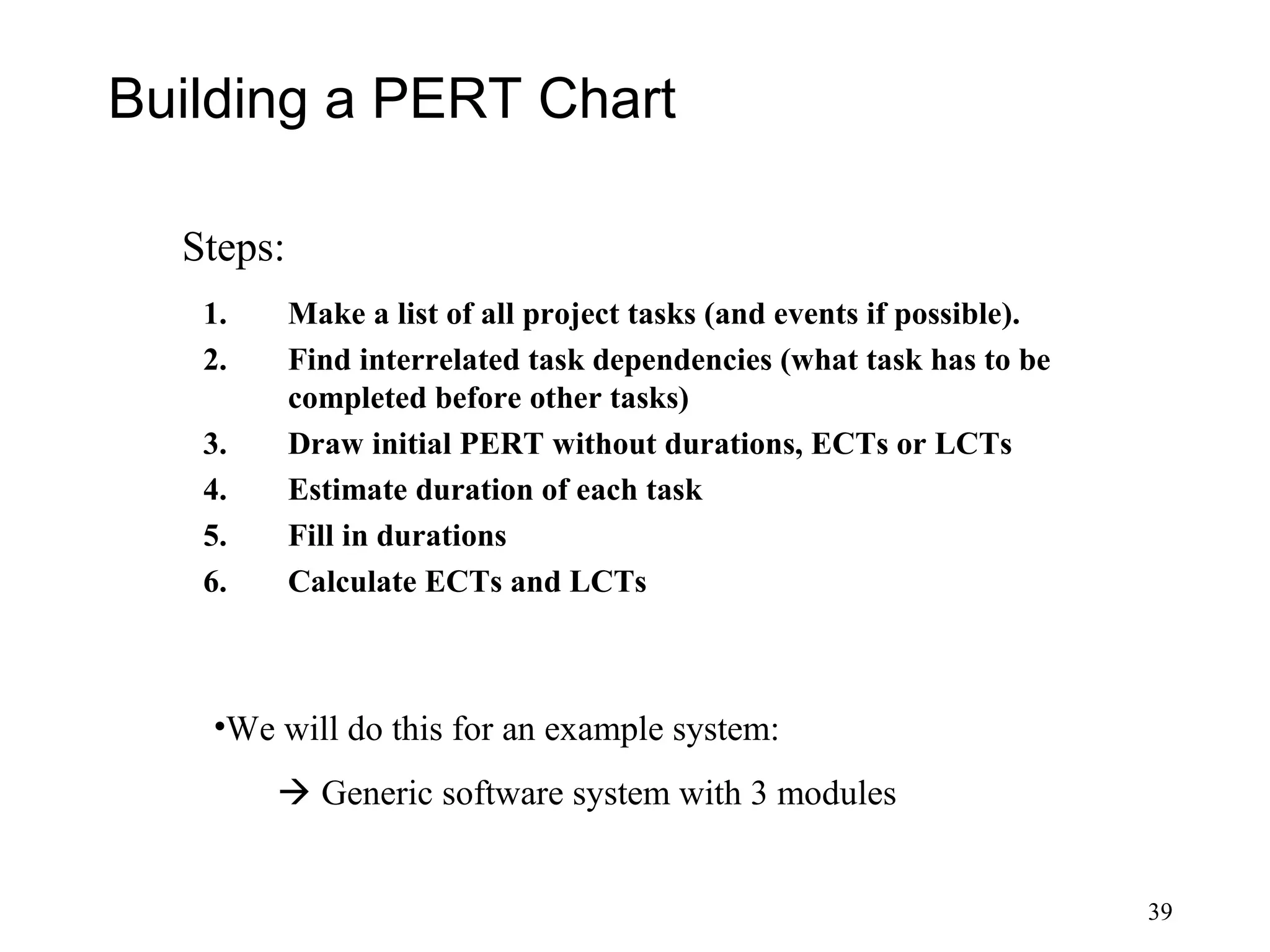 39
Building a PERT Chart
1. Make a list of all project tasks (and events if possible).
2. Find interrelated task dependencies (what task has to be
completed before other tasks)
3. Draw initial PERT without durations, ECTs or LCTs
4. Estimate duration of each task
5. Fill in durations
6. Calculate ECTs and LCTs
•We will do this for an example system:
 Generic software system with 3 modules
Steps:
 