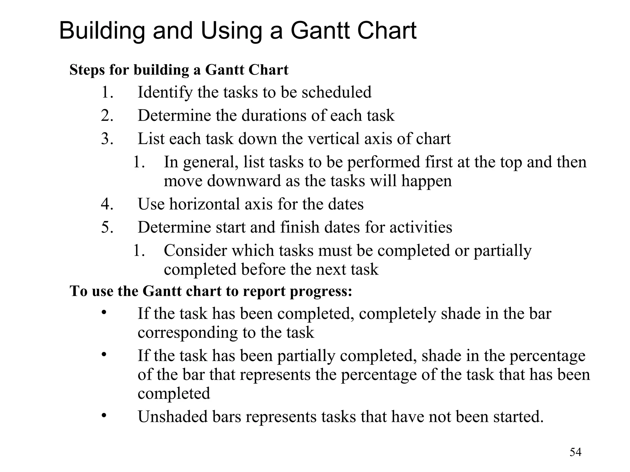 54
Building and Using a Gantt Chart
Steps for building a Gantt Chart
1. Identify the tasks to be scheduled
2. Determine the durations of each task
3. List each task down the vertical axis of chart
1. In general, list tasks to be performed first at the top and then
move downward as the tasks will happen
4. Use horizontal axis for the dates
5. Determine start and finish dates for activities
1. Consider which tasks must be completed or partially
completed before the next task
To use the Gantt chart to report progress:
• If the task has been completed, completely shade in the bar
corresponding to the task
• If the task has been partially completed, shade in the percentage
of the bar that represents the percentage of the task that has been
completed
• Unshaded bars represents tasks that have not been started.
 