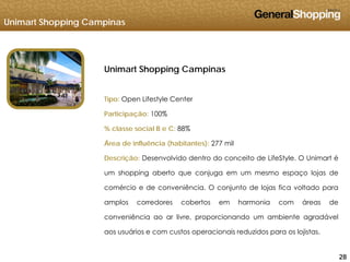 Unimart Shopping Campinas
Unimart Shopping Campinas
Tipo: Open Lifestyle CenterTipo: Open Lifestyle Center
Participação: 100%
% classe social B e C: 88%% classe social B e C: 88%
Área de influência (habitantes): 277 mil
Descrição: Desenvolvido dentro do conceito de LifeStyle. O Unimart é
um shopping aberto que conjuga em um mesmo espaço lojas de
comércio e de conveniência. O conjunto de lojas fica voltado para
amplos corredores cobertos em harmonia com áreas de
conveniência ao ar livre, proporcionando um ambiente agradável
á i t i i d id l ji t
282828
aos usuários e com custos operacionais reduzidos para os lojistas.
 