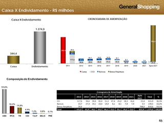 Caixa X Endividamento - R$ milhões
CRONOGRAMA DE AMORTIZAÇÃO
1.374,0
Caixa X Endividamento
798,0
344,4
117,6
45 0 51 2 47 4
23,7
27,3
19,1 19,0 14,9 8,1
8,1 7,9 7,9
3 5
20,6
344,4
34,6 39,4 45,0 51,2 47,4 25,0 18,3 16,0 21,4
, ,
3,5
2014 2015 2016 2017 2018 2019 2020 2021 Após2021
Caixa CCI Bancos Bonus Perpétuos
2013
Caixa Endividamento
59,8%
Composiçãodo Endividamento
Cronograma de Amortização
18,2%
14,8%
2013 2014 2015 2016 2017 2018 2019 2020 2021
Após
2021
Total %
CCI 117,6 34,6 39,4 45,0 51,2 47,4 25,0 18,3 16,0 21,4 415,9      30,3%
Bancos 23,7 27,3 19,1 19,0 14,9 8,1 8,1 7,9 7,9 3,5 139,5      10,2%
Bonus Perpétuos 20,6 ‐ ‐ ‐ ‐ ‐ ‐ ‐ ‐ 798,0 818,6    59,5%
Cronograma de Amortização
464646
4,9%
1,4% 0,8% 0,1%
USD IPCA TR CDI TJLP SELIC PRÉ
Total 161,9  61,9     58,5  64,0  66,1  55,5  33,1  26,2  23,9  822,9         1.374,0  100,0%
 