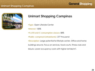 Unimart Shopping Campinas
Unimart Shopping Campinaspp g p
Type: Open Lifestyle Center
Interest: 100%
% of B and C consumption classes: 88%
Public comprised (inhabitants): 277 thousand
Description: Large potential for lifestyle center. Office and home
b ildi d F i f d t fit l b dbuildings around. Focus on services, food courts, fitness club and
leisure. Lower occupancy costs with higher rentals/m2.
282828
 