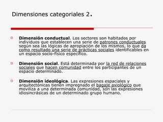 Dimensiones categoriales 2.


   Dimensión conductual. Los sectores son habitados por
    individuos que establecen una serie de patrones conductuales
    según sea las lógicas de apropiación de los mismos, lo que da
    como resultado una serie de prácticas sociales identificables en
    un espacio socio-físico específico.

   Dimensión social. Está determinada por la red de relaciones
    sociales que hacen comunidad entre los participantes de un
    espacio determinado.

   Dimensión ideológica. Las expresiones espaciales y
    arquitectónicas tienen impregnado el bagaje axiológico que
    moviliza a una determinada comunidad, son las expresiones
    idiosincrásicas de un determinado grupo humano.
 
