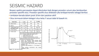 SEISMIC HAZARD
Respon spektra percepatan dapat ditentukan baik dengan prosedur umum atau berdasarkan
prosedur spesifik-situs. Prosedur spesifik-situs dilakukan jika terdapat kondisi sebagai berikut:
 Jembatan berada dalam jarak 10 km dari patahan aktif.
 Situs termasuk dalam kategori situs kelas F sesuai tabel di bawah ini.
 