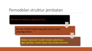 Pemodelan struktur jembatan
Metode Pendekatan (Aproksimasi)
Akurasi model tergantung pada asumsi awal
yang digunakan
Selalu mulai dari model-model sederhana
agar perilaku model dapat diuji keakuratannya
 