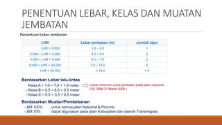 PENENTUAN LEBAR, KELAS DAN MUATAN
JEMBATAN
Penentuan Lebar Jembatan
Berdasarkan Muatan/Pembebanan
LHR Lebar jembatan (m) Jumlah lajur
LHR < 2.000 3,5 – 4,5 1
2.000 < LHR < 3.000 4,5 – 6,0 2
3.000 < LHR < 8.000 6,0 – 7,0 2
8.000 < LHR < 20.000 7,0 – 14,0 4
LHR > 20.000 > 14,0 > 4
Berdasarkan Lebar lalu-lintas
- Kelas A = 1,0 + 7,0 + 1,0 meter
- Kelas B = 0,5 + 6,0 + 0,5 meter
- Kelas C = 0,5 + 3,5 + 0,5 meter
- BM 100% : untuk semua jalan Nasional & Provinsi
- BM 70% : dapat digunakan pada jalan Kabupaten dan daerah Transmigrasi
Lebar minimum untuk jembatan pada jalan nasional
(SE DBM 21 Maret 2008 )
 