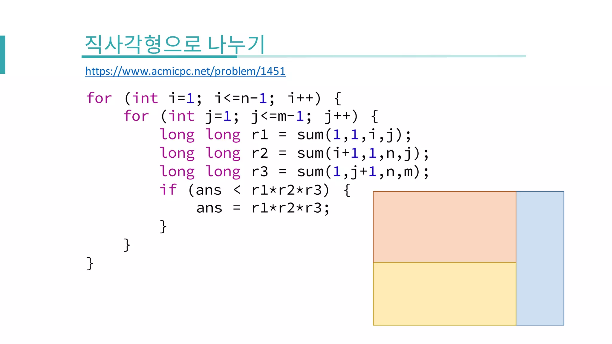 for (int i=1; i<=n-1; i++) {
for (int j=1; j<=m-1; j++) {
long long r1 = sum(1,1,i,j);
long long r2 = sum(i+1,1,n,j);
long long r3 = sum(1,j+1,n,m);
if (ans < r1*r2*r3) {
ans = r1*r2*r3;
}
}
}
https://www.acmicpc.net/problem/1451
 