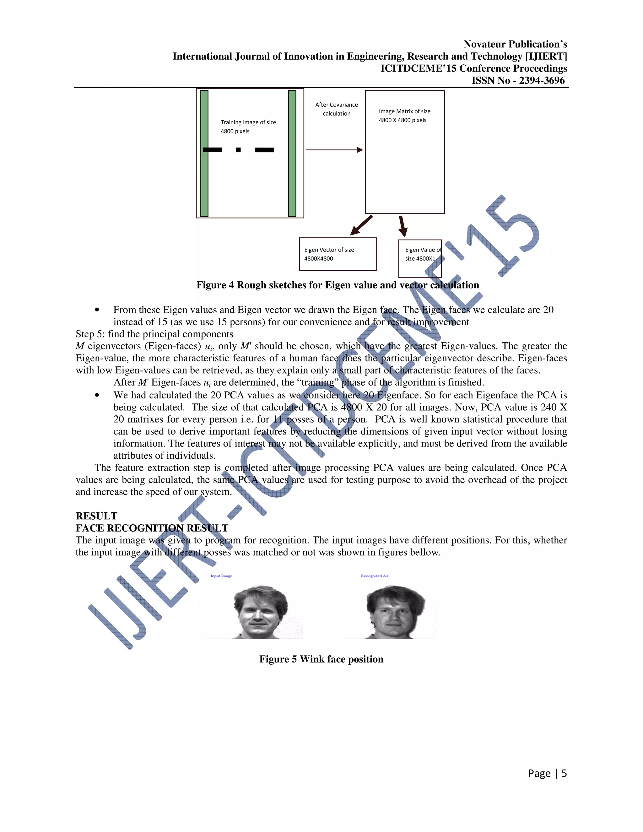 Novateur Publication’s
International Journal of Innovation in Engineering, Research and Technology [IJIERT]
ICITDCEME’15 Conference Proceedings
ISSN No - 2394-3696
Page | 5
Figure 4 Rough sketches for Eigen value and vector calculation
• From these Eigen values and Eigen vector we drawn the Eigen face. The Eigen faces we calculate are 20
instead of 15 (as we use 15 persons) for our convenience and for result improvement
Step 5: find the principal components
M eigenvectors (Eigen-faces) ui, only M' should be chosen, which have the greatest Eigen-values. The greater the
Eigen-value, the more characteristic features of a human face does the particular eigenvector describe. Eigen-faces
with low Eigen-values can be retrieved, as they explain only a small part of characteristic features of the faces.
After M' Eigen-faces ui are determined, the “training” phase of the algorithm is finished.
• We had calculated the 20 PCA values as we consider here 20 Eigenface. So for each Eigenface the PCA is
being calculated. The size of that calculated PCA is 4800 X 20 for all images. Now, PCA value is 240 X
20 matrixes for every person i.e. for 11 posses of a person. PCA is well known statistical procedure that
can be used to derive important features by reducing the dimensions of given input vector without losing
information. The features of interest may not be available explicitly, and must be derived from the available
attributes of individuals.
The feature extraction step is completed after image processing PCA values are being calculated. Once PCA
values are being calculated, the same PCA values are used for testing purpose to avoid the overhead of the project
and increase the speed of our system.
RESULT
FACE RECOGNITION RESULT
The input image was given to program for recognition. The input images have different positions. For this, whether
the input image with different posses was matched or not was shown in figures bellow.
Figure 5 Wink face position
Training image of size
4800 pixels
Image Matrix of size
4800 X 4800 pixels
After Covariance
calculation
Eigen Vector of size
4800X4800
Eigen Value of
size 4800X1
 