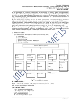 Novateur Publication’s
International Journal of Innovation in Engineering, Research and Technology [IJIERT]
ICITDCEME’15 Conference Proceedings
ISSN No - 2394-3696
__________________________________________________________________________________
3 | P a g e
In this methodology we will utilize double security like above figure for insurance of web server and database
server. Here each immediate request is appointed new session which is segregated and comprise of both request
i.e. HTTP ask for and back end request (SQL request).Each session dole out new defender (we can likewise call
it as compartment). We will give every defender separate no with the goal that it perceive uniquely in contrast to
other session or other defender.
If there should arise an occurrence of static site if web administrations can allow the back end information
adjustment which additionally called as dynamic web administrations, they permit change of HTTP request to
incorporate parameter which is not settled and rely on data given by user. So that capacity of the model causal
relationship between web servers is not generally deterministic and rely on application rationale e.g. database
queries are exceptionally in light of quality given secret word in HTTP ask for and past application state.
Be that as it may, now and again application primary usefulness like getting to table can be activated by
numerous different website pages. In this way web and database request coming about mapping can extend from
one to numerous contingent on quality which are gone in parameter in the web request.
A. PROPOSED WORK:
Break down structure of our approach will focuses of following areas:
1. User Control.
2. Session Monitoring.
3. Query Monitoring.
4. Mapping HTTP Queries with SQL Queries.
5. Showing Attack Log.
Intrusion Detection System
User Session Query Query Result Log
Control Monitoring Monitoring Matching
Authenticati Session Query Analysis
Generation
of log
on user Create Scanning And
Report
Matching
Query
Login Control Create Alert
Fig: Work break down structure
1) USER CONTROL:-
Input: - User will do registration with getting user name and password. Output: -
user will login successfully or unsuccessful
ALGORITHM STEP:-
1. New user will fill registration page.
2. He will get login name with password.
3. User will log into system.
4.He will status his session.
5. After finishing work user log out.
 