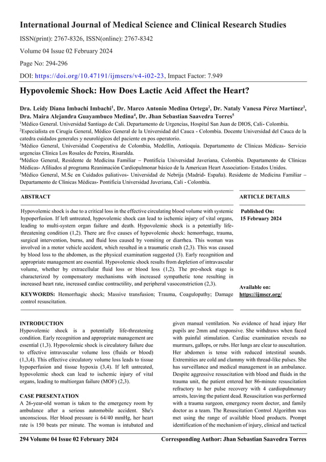 Hypovolemic Shock How Does Lactic Acid Affect the Heart? PDF