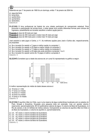 24
Sabendo-se que 1º de janeiro de 1995 foi um domingo, então 1º de janeiro de 2004 foi:
a) segunda-feira.
b) terça-feira.
c) quarta-feira.
d) quinta-feira.
e) sexta-feira.
Gabarito:D
51.(C1/H3) O time profissional de futebol de uma cidade participará do campeonato estadual. Para
promover a participação da torcida local, o clube desse time propôs diferentes formas para compra de
ingressos, possibilitando ao torcedor escolher a melhor opção para si.
Proposta 1: taxa de 50 reais por jogo
Proposta 2: taxa de 200 reais para o clube mais 25 reais por jogo
Proposta 3: taxa de 500 reais para o clube mais 10 reais por jogo
José assistirá a sete jogos e Carlos, a 11. As melhores opções para José e Carlos são, respectivamente,
as propostas:
a) Se o torcedor for assistir a 7 jogos a melhor opção é a proposta 1
b) Se o torcedor for assistir a 25 jogos a melhor opção é a proposta 3
c) Se o torcedor for assistir a 11 jogos a melhor opção é a proposta 2.
d) Se o torcedor for assistir a 20 jogos ele pode escolher a proposta 1 ou 2.
e) Se o torcedor for assistir acima de 10 jogos é melhor a proposta 3.
Gabarito: A
52.(C2/H7) Considere que a idade dos alunos de um curso foi representada no gráfico a seguir.
A melhor representação de média da idade desses alunos é
a) 18 anos e 1 mês
b) 17 anos e 2 meses
c) 16 anos e 7 meses
d) 16 anos e 9 meses
e) 15 anos e 10 meses
Gabarito: D
53.(C1/H4) O aquífero Alter do Chão, que é uma reserva de água subterrânea localizada sob os estados do
Pará, Amapá e Amazônia. Ocupada uma pequena área em extensão, mas um grande volume,
reservando, aproximadamente, 85 mil quilômetros cúbicos de água. O volume da Baía da Guanabara, no
Rio de Janeiro, é de 2,4 bilhões de metros cúbicos. Comparando os volumes do aquífero Alter do Chão e
da Baía da Guanabara, o volume do aquífero é, aproximadamente,
a) 3,5 . 10
2
vezes o volume da Baía da Guanabara.
b) 3,5 . 10
3
vezes o volume da Baía da Guanabara.
c) 3,5 . 10
4
vezes o volume da Baía da Guanabara.
d) 3,5 . 108
vezes o volume da Baía da Guanabara.
e) 3,5 . 10
9
vezes o volume da Baía da Guanabara.
Gabarito: C
 