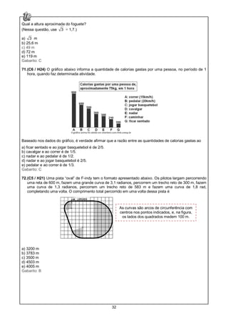 32
Qual a altura aproximada do foguete?
(Nessa questão, use 3 = 1,7.)
a) 3 m
b) 25,6 m
c) 49 m
d) 72 m
e) 119 m
Gabarito: C
71.(C6 / H24) O gráfico abaixo informa a quantidade de calorias gastas por uma pessoa, no período de 1
hora, quando faz determinada atividade.
Baseado nos dados do gráfico, é verdade afirmar que a razão entre as quantidades de calorias gastas ao
a) ficar sentado e ao jogar basquetebol é de 2/5.
b) cavalgar e ao correr é de 1/5.
c) nadar e ao pedalar é de 1/2.
d) nadar e ao jogar basquetebol é 2/5.
e) pedalar e ao correr é de 1/3.
Gabarito: C
72.(C5 / H21) Uma pista “oval” de F-indy tem o formato apresentado abaixo. Os pilotos largam percorrendo
uma reta de 600 m, fazem uma grande curva de 3,1 radianos, percorrem um trecho reto de 300 m, fazem
uma curva de 1,3 radianos, percorrem um trecho reto de 583 m e fazem uma curva de 1,8 rad,
completando uma volta. O comprimento total percorrido em uma volta dessa pista é
a) 3200 m
b) 3783 m
c) 3500 m
d) 4503 m
e) 4005 m
Gabarito: B
As curvas são arcos de circunferência com
centros nos pontos indicados, e, na figura,
os lados dos quadrados medem 100 m.
 