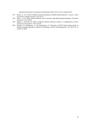 International Journal on Cybernetics & Informatics (IJCI) Vol.14, No.5, October 2025
12
[17] Kumar, S., et al. (2023). Machine learning techniques for DDoS attack detection: A survey. Future
Generation Computer Systems, 150, 20–35.
[18] Zhou, L., et al. (2025). Botnet detection in IoT networks using deep learning techniques. Computers
& Security, 133, 103623.
[19] Zhang, L., & Wang, H. (2024). AI-based intrusion detection systems: A comprehensive review.
Journal of Cybersecurity, 12(1), 45–60.
[20] Karimov, N., Rakhmatov, F., and Xolmuminov, O. Detection of HTTP Flood attacks based on
machine learning algorithms. Chemical Technology, Control and Management: Vol. 2025: Iss. 2,
Article 10, 2025.
 