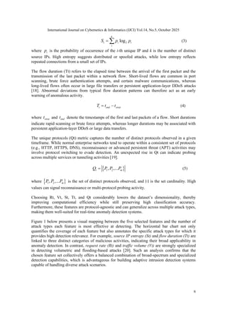 International Journal on Cybernetics & Informatics (IJCI) Vol.14, No.5, October 2025
6
2
log
k
t i i
i
S p p
=  (3)
where i
p is the probability of occurrence of the i-th unique IP and k is the number of distinct
source IPs. High entropy suggests distributed or spoofed attacks, while low entropy reflects
repeated connections from a small set of IPs.
The flow duration (Tt) refers to the elapsed time between the arrival of the first packet and the
transmission of the last packet within a network flow. Short-lived flows are common in port
scanning, brute force authentication attempts, and certain malware communications, whereas
long-lived flows often occur in large file transfers or persistent application-layer DDoS attacks
[18]. Abnormal deviations from typical flow duration patterns can therefore act as an early
warning of anomalous activity.
t end strat
T t t
= − (4)
where strat
t and end
t denote the timestamps of the first and last packets of a flow. Short durations
indicate rapid scanning or brute force attempts, whereas longer durations may be associated with
persistent application-layer DDoS or large data transfers.
The unique protocols (Qt) metric captures the number of distinct protocols observed in a given
timeframe. While normal enterprise networks tend to operate within a consistent set of protocols
(e.g., HTTP, HTTPS, DNS), reconnaissance or advanced persistent threat (APT) activities may
involve protocol switching to evade detection. An unexpected rise in Qt can indicate probing
across multiple services or tunneling activities [19].

 1 2
, ,...
t m
Q P P P
= (5)
where 
 1 2
, ,... m
P P P is the set of distinct protocols observed, and ∣⋅∣ is the set cardinality. High
values can signal reconnaissance or multi-protocol probing activity.
Choosing Rt, Vt, St, Tt, and Qt considerably lowers the dataset’s dimensionality, thereby
improving computational efficiency while still preserving high classification accuracy.
Furthermore, these features are protocol-agnostic and can generalize across multiple attack types,
making them well-suited for real-time anomaly detection systems.
Figure 1 below presents a visual mapping between the five selected features and the number of
attack types each feature is most effective at detecting. The horizontal bar chart not only
quantifies the coverage of each feature but also annotates the specific attack types for which it
provides high detection relevance. For example, source IP entropy (St) and flow duration (Tt) are
linked to three distinct categories of malicious activities, indicating their broad applicability in
anomaly detection. In contrast, request rate (Rt) and traffic volume (Vt) are strongly specialized
in detecting volumetric and flooding-based attacks [20]. Such an analysis confirms that the
chosen feature set collectively offers a balanced combination of broad-spectrum and specialized
detection capabilities, which is advantageous for building adaptive intrusion detection systems
capable of handling diverse attack scenarios.
 
