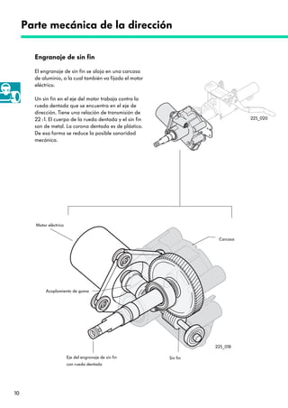 10
Engranaje de sin fin
El engranaje de sin fin se aloja en una carcasa
de aluminio, a la cual también va fijado el motor
eléctrico.
Un sin fin en el eje del motor trabaja contra la
rueda dentada que se encuentra en el eje de
dirección. Tiene una relación de transmisión de
22:1. El cuerpo de la rueda dentada y el sin fin
son de metal. La corona dentada es de plástico.
De esa forma se reduce la posible sonoridad
mecánica.
Parte mecánica de la dirección
Motor eléctrico
Acoplamiento de goma
Carcasa
Eje del engranaje de sin fin
con rueda dentada
Sin fin
225_018
225_020
 