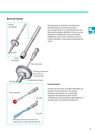 9
Barra de torsión
El componente central de la servodirección
electromecánica es la barra de torsión.
Las características de su material permiten una
deformación elástica definida en torno a su eje
geométrico longitudinal. La barra de torsión
establece la comunicación mecánica entre el
husillo intermedio y el eje del accionamiento de
sin fin.
Funcionamiento
A través de esta unión, el husillo intermedio y el
eje del accionamiento de sin fin pueden
decalarse mutuamente en una pequeña
magnitud. Este pequeño ángulo resulta
suficiente para que el sistema pueda detectar el
comienzo de un movimiento de dirección.
Barra de torsión
Eje del accionamiento
por sin fin con
rueda dentada
Husillo
intermedio
Unidad
ensamblada
Unión mecánica
Retorcedura de la barra de torsión al
comienzo de un movimiento de dirección
Rodamiento de bolas
225_044
225_043
225_026
225_025
 