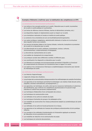 Pour aller plus loin : du référentiel d’activités-compétences au référentiel de formation
Référentiel de compétences en éducation pour la santé    30
Exemples d’éléments à maîtriser pour la mobilisation des compétences en EPS
La connaissance de l’environnement professionnel
• Les notions et les concepts portant sur la santé, l’éducation pour la santé, la promotion
de la santé, la santé publique et la prévention.
• Les textes de référence (charte d’Ottawa, chartes et déclarations suivantes, etc.).
• Les dispositions légales et règlementaires ayant un impact sur la santé.
• Les orientations nationales et locales en matière de santé publique.
• Le contexte et les orientations de son service/établissement/organisation.
• Les cadres juridiques, budgétaires, administratifs inhérents à l’action et à la structure
dans laquelle l’action sera conduite.
• Les sources de données fiables et les travaux (études, recherche, évaluation) en promotion
de la santé et en éducation pour la santé.
• Les déterminants de la santé : politiques, économiques, sociaux, culturels,
environnementaux, comportementaux et biologiques.
• La diversité des représentations de la santé.
• Les modèles de changements de comportement.
• Les pratiques sociales dans différentes sociétés et différents pays.
• Les constituants d’un diagnostic en éducation pour la santé.
• Les éléments de sociologie et de psychosociologie permettant d’identifier et d’analyser
les comportements de résistance ou d’incohérence dans le rapport à la santé.
• Les repères et les connaissances théoriques ou épidémiologiques nécessaires pour aborder
les thématiques de santé.
Les méthodes et les techniques professionnelles
• Les théories d’apprentissage.
• L’approche clinique des situations.
• Les principes de la communication interpersonnelle et les méthodologies de conduite d’entretiens.
• Les approches et les techniques permettant de développer une relation d’aide (écoute active,
empathie, entretien motivationnel, accompagnement…).
• Les approches, les techniques, les outils, ainsi que les ressources individuelles et collectives
des bénéficiaires, pour renforcer les compétences psychosociales et le pouvoir d’agir
individuel et collectif des personnes (empowerment).
• Les techniques d’élaboration d’une cartographie des acteurs.
• Les techniques de communication orale.
• Les méthodes et les outils de conduite de projet.
• Les techniques d’animation de groupe et de pédagogie active.
• Les modalités de construction d’un réseau professionnel adapté aux problématiques de santé
rencontrées.
• Les méthodes et les outils de travail partenarial et en réseau.
• Les approches et les méthodes de l’analyse des pratiques professionnelles et de la pratique
réflexive.
• Les concepts et les méthodes d’autoévaluation et d’évaluation appliqués au domaine
de l’éducation et de la promotion de la santé.
• Les modalités de rédaction et de communication de projet.
• Les techniques de recherche documentaire.
 SOMMAIRE
 