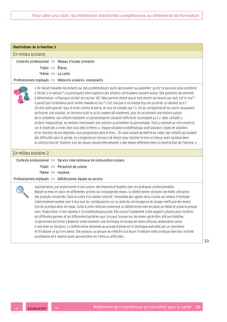 Pour aller plus loin : du référentiel d’activités-compétences au référentiel de formation
Référentiel de compétences en éducation pour la santé    35
Illustrations de la fonction 3
En milieu scolaire
Contexte professionnel     Réseau d’écoles primaires
Public     Élèves
Thème     La santé
Professionnels impliqués     Médecins scolaires, enseignants
« On faisait travailler les enfants sur des problématiques qu’ils éprouvaient au quotidien : qu’est-ce qui vous pose problème
à l’école, à la maison ? Les principales interrogations des enfants s’articulaient souvent autour des questions de sommeil,
d’alimentation : « Pourquoi on doit se coucher tôt ? Mes parents disent que je dois dormir dix heures par nuit, est-ce vrai ?
Il paraît que l’ordinateur peut rendre malade ou fou ? C’est vrai que si on mange trop de sucreries on devient gros ?
On doit boire que de l’eau, le reste comme le lait ou le coca ne compte pas ? ». On les enregistrait et les autres essayaient
de trouver une solution, on retranscrivait ce qu’ils avaient dit oralement, puis ils racontaient une histoire autour
de ce problème. Les enfants mettaient un personnage en situation difficile et racontaient ça à « radio cartable »
et dans chaque école, les enfants cherchaient une solution au problème du personnage ; tout ça donnait un livre construit
sur le mode des « livres dont vous êtes le héros », chaque situation problématique avait plusieurs types de solutions
et en fonction de vos réponses vous progressiez dans le livre… On avait essayé de mettre en valeur des enfants qui avaient
des difficultés dans la parole, on a organisé un concours de dessin pour illustrer le livre et chacun avait sa place dans
la construction de l’histoire, puis les douze classes intervenaient à des temps différents dans la construction de l’histoire. »
En milieu scolaire 2
Contexte professionnel     Service intercommunal de restauration scolaire
Public     Personnel de cuisine
Thème     Hygiène
Professionnels impliqués     Diététicienne, équipe du service
Appropriation, par le personnel d’une cuisine, des mesures d’hygiène dans les pratiques professionnelles.
Malgré la mise en place de différentes actions sur le lavage des mains, la diététicienne constate une faible utilisation
des produits concernés. Dans le cadre d’un atelier collectif, l’ensemble des agents de la cuisine est amené à formuler
collectivement quelles sont à leur avis les conséquences sur la santé du non lavage ou du lavage inefficace des mains
lors de la préparation de repas. Suite à cette réflexion commune, la diététicienne met en place un débat et guide le groupe
dans l’élaboration d’une réponse à la problématique posée. Elle recourt également à des supports photos pour montrer
les différents germes et les différentes bactéries que l’on peut trouver sur les mains après être allé aux toilettes.
Le personnel est invité à élaborer collectivement une technique de lavage de mains efficace, élaboration suivie
d’une mise en situation. La diététicienne demande au groupe d’observer la technique exécutée par un volontaire
et d’indiquer ce qu’il en pense. Elle propose au groupe de réfléchir à la façon d’intégrer cette pratique dans leur activité
quotidienne et à repérer quels peuvent être les freins ou difficultés.

 SOMMAIRE
 