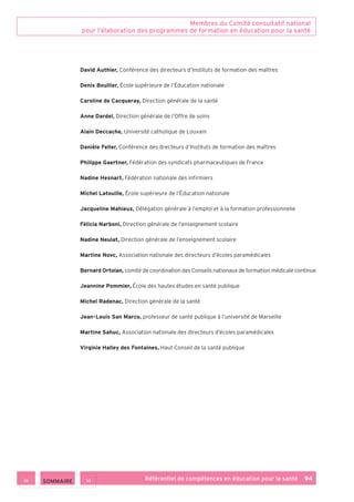 Référentiel de compétences en éducation pour la santé    94
Membres du Comité consultatif national
pour l’élaboration des programmes de formation en éducation pour la santé
David Authier, Conférence des directeurs d’Instituts de formation des maîtres
Denis Boullier, École supérieure de l’Éducation nationale
Caroline de Cacqueray, Direction générale de la santé
Anne Dardel, Direction générale de l’Offre de soins
Alain Deccache, Université catholique de Louvain
Danièle Feller, Conférence des drecteurs d’Instituts de formation des maîtres
Philippe Gaertner, Fédération des syndicats pharmaceutiques de France
Nadine Hesnart, Fédération nationale des infirmiers
Michel Latouille, École supérieure de l’Éducation nationale
Jacqueline Mahieux, Délégation générale à l’emploi et à la formation professionnelle
Félicia Narboni, Direction générale de l’enseignement scolaire
Nadine Neulat, Direction générale de l’enseignement scolaire
Martine Novc, Association nationale des directeurs d’écoles paramédicales
Bernard Ortolan, comité de coordination des Conseils nationaux de formation médicale continue
Jeannine Pommier, École des hautes études en santé publique
Michel Radenac, Direction générale de la santé
Jean-Louis San Marco, professeur de santé publique à l’université de Marseille
Martine Sahuc, Association nationale des directeurs d’écoles paramédicales
Virginie Halley des Fontaines, Haut Conseil de la santé publique
 SOMMAIRE
 