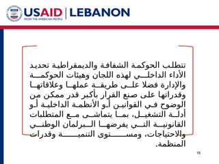 18
‫تحدي^د‬ ‫والديمقراطي^ة‬ ‫الشفاف^ة‬ ‫الحوكم^ة‬ ‫تتطل^ب‬
‫الحوكم^^^ة‬ ‫وهيئات‬ ‫اللجان‬ ‫لهذه‬ ‫الداخل^^^ي‬ ‫األداء‬
‫فضال‬ ‫واإلدارة‬
‫عل^^ى‬
‫عمل‬ ‫طريق^^ة‬
‫ه^^ا‬
‫و‬
‫عالقاته^^ا‬
‫^ا‬‫ه‬‫وقدرات‬
‫^ى‬
‫ل‬‫ع‬
‫^ن‬‫م‬ ‫^ن‬
‫ك‬‫مم‬ ‫قدر‬ ‫^بر‬
‫ك‬‫بأ‬ ‫القرار‬ ‫^نع‬‫ص‬
‫أ^و‬ ‫الداخلي^ة‬ ‫األنظم^ة‬ ‫أ^و‬ ‫القواني^ن‬ ‫ف^ي‬ ‫الوضوح‬
‫المتطلبات‬ ‫م^^ع‬ ‫يتماش^^ى‬ ‫بم^^ا‬ ،‫التشغي^^ل‬ ‫أدل^^ة‬
‫الوطن^^^ي‬ ‫ال^^^برلمان‬ ‫يفرضه^^^ا‬ ‫الت^^^ي‬ ‫القانوني^^^ة‬
‫وقدرات‬ ‫التنمي^^^^^^^ة‬ ‫ومس^^^^^^^توى‬ ،‫واالحتياجات‬
.‫المنظمة‬
 