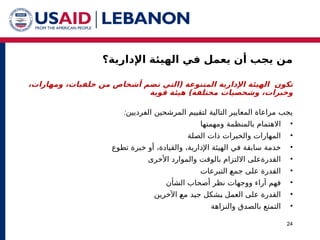 ‫اإلدارية؟‬ ‫الهيئة‬ ‫في‬ ‫يعمل‬ ‫أن‬ ‫يجب‬ ‫من‬
24
‫الفرديين‬ ‫المرشحين‬ ‫لتقييم‬ ‫التالية‬ ‫المعايير‬ ‫مراعاة‬ ‫يجب‬
:
•
‫ومهمتها‬ ‫بالمنظمة‬ ‫االهتمام‬
•
‫الصلة‬ ‫ذات‬ ‫والخبرات‬ ‫المهارات‬
•
‫خدمة‬
‫في‬ ‫سابقة‬
‫خبرة‬ ‫أو‬ ،‫والقيادة‬ ،‫اإلدارية‬ ‫الهيئة‬
‫تطوع‬
•
‫األخرى‬ ‫والموارد‬ ‫بالوقت‬ ‫االلتزام‬ ‫القدرةعلى‬
•
‫التبرعات‬ ^
‫ع‬‫جم‬ ‫على‬ ‫القدرة‬
•
‫الشأن‬ ‫أصحاب‬ ‫نظر‬ ‫ووجهات‬ ‫آراء‬ ‫فهم‬
•
‫اآلخرين‬ ^
‫ع‬‫م‬ ‫جيد‬ ‫^شكل‬
‫ب‬ ‫العمل‬ ‫على‬ ‫القدرة‬
•
‫والنزاهة‬ ‫بالصدق‬ ‫التمتع‬
‫تكون‬
‫المتنوع‬ ‫اإلدارية‬ ‫الهيئة‬
‫ة‬
(
‫ت‬ ‫التي‬
،‫ومهارات‬ ،‫خلفيات‬ ‫من‬ ‫أشخاص‬ ‫ضم‬
‫وشخصيات‬ ،‫وخبرات‬
‫مختلفة‬
)
‫هيئة‬
‫قو‬
‫ية‬
 