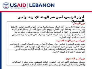 ‫وأمين‬ ،‫اإلدارية‬ ‫الهيئة‬ ‫سر‬ ‫أمين‬ ،‫الرئيس‬ ‫أدوار‬
‫الصندوق‬
28
k
‫س‬‫الرئي‬ ‫دور‬
‫بمسؤوليات‬ ‫القيام‬ ‫أجل‬ ‫من‬ ‫اإلدارية‬ ‫الهيئة‬ ‫يوجه‬
‫هـا‬
‫والخطط‬ ‫االستراتيجي‬ ‫التوجه‬ ‫ويحدد‬ ،
‫الهيئة‬ ‫لجان‬ ‫يشكل‬ ،‫األعمال‬ ‫جدول‬ ‫على‬ ‫ويوقع‬ ‫اإلدارية‬ ‫الهيئة‬ ‫وخطط‬ ‫ويديراجتماعات‬
‫على‬ ‫ويشرف‬ ،‫ويقيل‬ ‫ويوظف‬ ‫اللجان‬ ‫قبل‬ ‫من‬ ‫المقدمة‬ ‫التقارير‬ ‫ويستعرض‬ ‫اإلدارية‬
‫المدير‬
‫بدور‬ ^
‫ع‬‫ويضطل‬ ،‫الميزانية‬ ‫^لى‬
‫ع‬ ‫ويشرف‬ ،‫اإلدارية‬ ‫الهيئة‬ ‫تقييم‬ ‫ويضمن‬ ،‫التنفيذي‬
.‫اإلدارية‬ ‫الهيئة‬ ‫باسم‬ ‫المتحدث‬
‫اإلدارية‬ ‫الهيئة‬ ‫سر‬ ‫أمين‬ ‫دور‬
‫الجتماعات‬ ‫السنوي‬ ‫^ول‬
‫د‬‫الج‬ ‫ويحدد‬ ،‫األعمال‬ ‫جدول‬ ‫حول‬ ‫للرئيس‬ ‫المشورة‬ ‫^تقديم‬
‫ب‬ ‫يقوم‬
،‫االجتماعات‬ ‫قبل‬ ‫اإلدارية‬ ‫الهيئة‬ ‫أعضاء‬ ‫إلى‬ ‫المعلومات‬ ‫حزم‬ ‫ويرسل‬ ،‫اإلدارية‬ ‫الهيئة‬
‫األمور‬ ‫ويرتب‬ ،‫اإلدارية‬ ‫الهيئة‬ ‫قرارات‬ ‫وسجالت‬ ‫االجتماعات‬ ‫^ر‬
‫ض‬‫محا‬ ‫على‬ ‫ويحافظ‬
.‫اإلدارية‬ ‫الهيئة‬ ‫الجتماعات‬ ‫اللوجيستية‬
‫الصندوق‬ ‫أمين‬ ‫دور‬
‫الميزانيات‬ ‫ويشرح‬ ‫يقدم‬ ،‫للمنظمة‬ ‫المالية‬ ‫الشؤون‬ ‫على‬ ‫اإلشراف‬ ‫بمسؤولية‬ ‫يضطلع‬
.‫التدقيق‬ ‫لجنة‬ ‫أو‬ ‫المالية‬ ‫اللجنة‬ ‫ويدير‬ ،‫اإلدارية‬ ‫الهيئة‬ ‫إلى‬ ‫المالية‬ ‫والتقارير‬
 