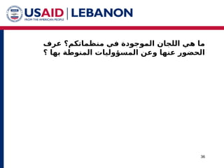 ‫اللجان‬ ‫هي‬ ‫ما‬
‫عرف‬ ‫منظماتكم؟‬ ‫في‬ ‫الموجودة‬
‫؟‬ ‫بها‬ ‫المنوطة‬ ‫المسؤوليات‬ ‫وعن‬ ‫عنها‬ ‫الحضور‬
36
 