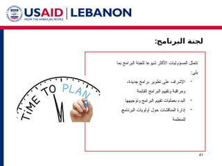 :‫البرنامج‬ ‫لجنة‬
41
‫بما‬ ‫البرامج‬ ‫للجنة‬ ‫شيوعا‬ ‫األكثر‬ ‫المسؤوليات‬ ‫تتمثل‬
‫يلي‬
:

،‫جديدة‬ ‫برامج‬ ‫تطوير‬ ‫على‬ ‫اإلشراف‬
‫القائمة‬ ‫البرامج‬ ‫وتقييم‬ ‫ومراقبة‬

‫وتوجيهها‬ ‫البرامج‬ ‫تقييم‬ ‫بعمليات‬ ‫البدء‬

‫إدارة‬
1‫ج‬‫البرنام‬ ‫أولويات‬ ‫حول‬ ‫المناقشات‬
‫للمنظمة‬
 