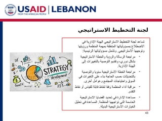 ‫االستراتيجي‬ ‫التخطيط‬ ‫لجنة‬
43
‫في‬ ‫اإلدارية‬ ‫الهيئة‬ ‫االستراتيجي‬ ‫التخطيط‬ ‫لجنة‬ ‫د‬1‫ع‬‫تسا‬
‫بمسؤولياته‬ ‫االضطالع‬
‫ا‬
‫ورؤيتها‬ ‫المنظمة‬ ‫بمهمة‬ ‫المتعلقة‬
‫الرئيسية‬ ‫مسؤولياتها‬ ‫وتشمل‬ .‫االستراتيجي‬ ‫وتوجهها‬
:

‫االستراتيجية‬ ‫والخطة‬ ‫والرؤية‬ ‫الرسالة‬ ‫مراجعة‬
‫إلى‬ ‫بالتغييرات‬ ‫التوصية‬ ‫وتقديم‬ ،‫دوري‬ ‫بشكل‬
.‫اإلدارية‬ ‫الهيئة‬

‫والتوصية‬ ‫سنويا‬ ‫االستراتيجية‬ ‫الخطة‬ ‫مراجعة‬
‫في‬ ‫التغيرات‬ ‫على‬ ‫بناء‬ ‫الحاجة‬ ‫حسب‬ ‫بالتحديثات‬
.‫أخرى‬ ‫وعوامل‬ ‫المجتمع‬ ‫واحتياجات‬ ‫السوق‬

‫نقاط‬ ‫أو‬ ‫للقياس‬ ‫قابلة‬ ‫لنقاط‬ ‫وفقا‬ ‫المنظمة‬ ‫أداء‬ ‫مراقبة‬
.‫التقدم‬

‫االستراتيجية‬ ‫القضايا‬ ‫تحديد‬ ‫في‬ ‫اإلدارة‬ ‫مساعدة‬
‫تحليل‬ ‫في‬ ‫المساعدة‬ .‫المنظمة‬ ‫تواجهها‬ ‫التي‬ ‫الحاسمة‬
.‫البديلة‬ ‫االستراتيجية‬ ‫الخيارات‬
 