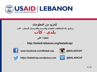 44 /56
‫بناء‬ ‫برنامج‬
‫المحلي‬ ‫واالستثمار‬ ‫والتنمية‬ ‫م‬ّ‫د‬‫للتق‬ ‫التحالفات‬
-
‫كاب‬
-
‫كاب‬ ‫بلدي‬
‫المعلومات‬ ‫من‬ ‫للمزيد‬
‫على‬ ‫تابعونا‬
https://baladicap.wordpress.com
http://baladi-lebanon.org/baladicap/
www.facebook.com/Baladi.cap @BALADICAP
@BALADICAP
 