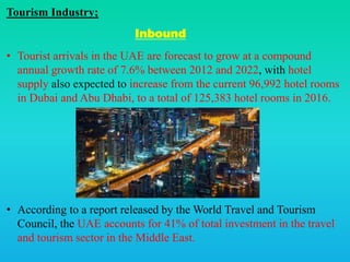 Tourism Industry;
• Tourist arrivals in the UAE are forecast to grow at a compound
annual growth rate of 7.6% between 2012 and 2022, with hotel
supply also expected to increase from the current 96,992 hotel rooms
in Dubai and Abu Dhabi, to a total of 125,383 hotel rooms in 2016.
• According to a report released by the World Travel and Tourism
Council, the UAE accounts for 41% of total investment in the travel
and tourism sector in the Middle East.
Inbound
 