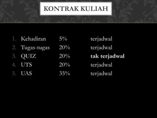 1. Kehadiran 5% terjadwal
2. Tugas-tugas 20% terjadwal
3. QUIZ 20% tak terjadwal
4. UTS 20% terjadwal
5. UAS 35% terjadwal
KONTRAK KULIAH
 