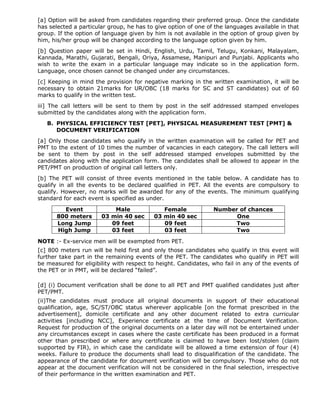 [a] Option will be asked from candidates regarding their preferred group. Once the candidate
has selected a particular group, he has to give option of one of the languages available in that
group. If the option of language given by him is not available in the option of group given by
him, his/her group will be changed according to the language option given by him.
[b] Question paper will be set in Hindi, English, Urdu, Tamil, Telugu, Konkani, Malayalam,
Kannada, Marathi, Gujarati, Bengali, Oriya, Assamese, Manipuri and Punjabi. Applicants who
wish to write the exam in a particular language may indicate so in the application form.
Language, once chosen cannot be changed under any circumstances.
[c] Keeping in mind the provision for negative marking in the written examination, it will be
necessary to obtain 21marks for UR/OBC (18 marks for SC and ST candidates) out of 60
marks to qualify in the written test.
iii] The call letters will be sent to them by post in the self addressed stamped envelopes
submitted by the candidates along with the application form.
B. PHYSICAL EFFICIENCY TEST [PET], PHYSICAL MEASUREMENT TEST [PMT] &
DOCUMENT VERIFICATION
[a] Only those candidates who qualify in the written examination will be called for PET and
PMT to the extent of 10 times the number of vacancies in each category. The call letters will
be sent to them by post in the self addressed stamped envelopes submitted by the
candidates along with the application form. The candidates shall be allowed to appear in the
PET/PMT on production of original call letters only.
[b] The PET will consist of three events mentioned in the table below. A candidate has to
qualify in all the events to be declared qualified in PET. All the events are compulsory to
qualify. However, no marks will be awarded for any of the events. The minimum qualifying
standard for each event is specified as under.
Event Male Female Number of chances
800 meters 03 min 40 sec 03 min 40 sec One
Long Jump 09 feet 09 feet Two
High Jump 03 feet 03 feet Two
NOTE :- Ex-service men will be exempted from PET.
[c] 800 meters run will be held first and only those candidates who qualify in this event will
further take part in the remaining events of the PET. The candidates who qualify in PET will
be measured for eligibility with respect to height. Candidates, who fail in any of the events of
the PET or in PMT, will be declared “failed”.
[d] (i) Document verification shall be done to all PET and PMT qualified candidates just after
PET/PMT.
(ii)The candidates must produce all original documents in support of their educational
qualification, age, SC/ST/OBC status wherever applicable [on the format prescribed in the
advertisement], domicile certificate and any other document related to extra curricular
activities [including NCC], Experience certificate at the time of Document Verification.
Request for production of the original documents on a later day will not be entertained under
any circumstances except in cases where the caste certificate has been produced in a format
other than prescribed or where any certificate is claimed to have been lost/stolen (claim
supported by FIR), in which case the candidate will be allowed a time extension of four (4)
weeks. Failure to produce the documents shall lead to disqualification of the candidate. The
appearance of the candidate for document verification will be compulsory. Those who do not
appear at the document verification will not be considered in the final selection, irrespective
of their performance in the written examination and PET.
 