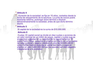 * Artículo 4
* : Duración de la sociedad: se fija en 10 años, contados desde la
  fecha de otorgamiento de la escritura. La junta de socios podrá
  mediante reforma, prolongar dicho término o disolver
  extraordinariamente la sociedad, antes de que dicho término
  expire.
* Artículo 5
   El capital de la sociedad es la suma de $10.000.000.
   Artículo 6
   Cuotas: El capital social se divide en diez cuotas o acciones de
  un valor nominal de un millón de pesos, capital y cuotas que se
  encuentran pagadas en su totalidad de la siguiente forma: El
  socio Pedro Pérez, suscribe el ochenta por ciento en ocho cuotas
  de valor nominal y paga en efectivo el valor de $8.000.000.El
  socio Carlos Garzón suscribe el veinte por ciento y paga en
  efectivo el valor de$2.000.000 así los aportes han sido pagados
  íntegramente a la sociedad.
 