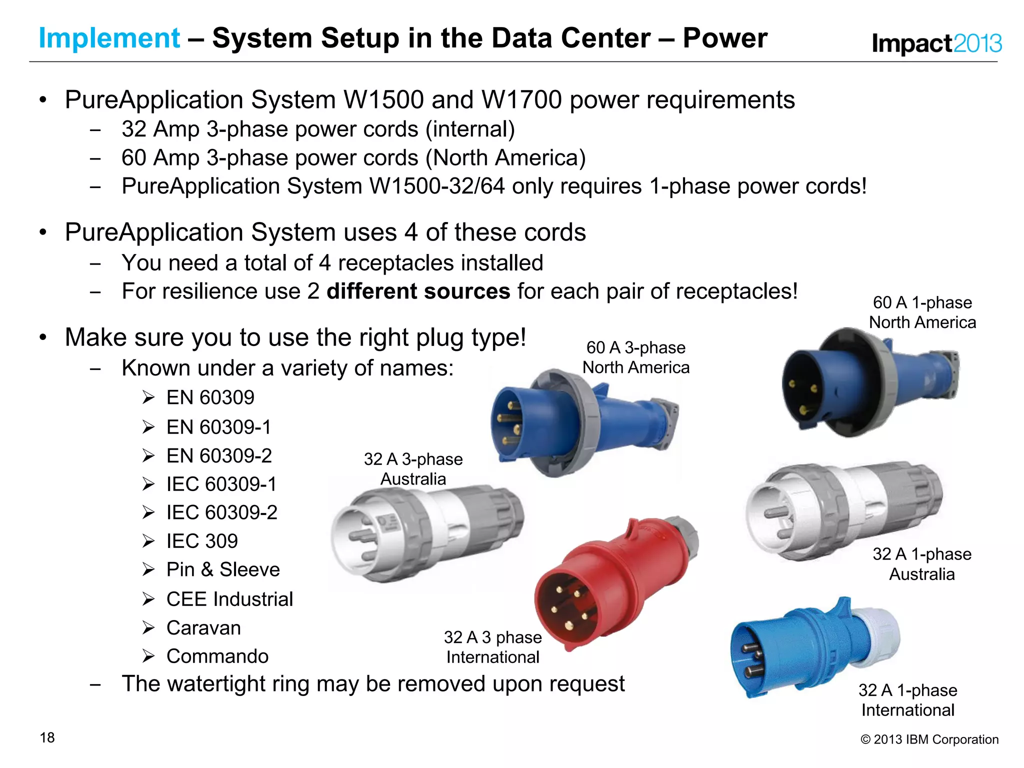 1818 © 2013 IBM Corporation
Implement – System Setup in the Data Center – Power
• PureApplication System W1500 and W1700 power requirements
‒ 32 Amp 3-phase power cords (internal)
‒ 60 Amp 3-phase power cords (North America)
‒ PureApplication System W1500-32/64 only requires 1-phase power cords!
• PureApplication System uses 4 of these cords
‒ You need a total of 4 receptacles installed
‒ For resilience use 2 different sources for each pair of receptacles!
• Make sure you to use the right plug type!
‒ Known under a variety of names:
Ø EN 60309
Ø EN 60309-1
Ø EN 60309-2
Ø IEC 60309-1
Ø IEC 60309-2
Ø IEC 309
Ø Pin & Sleeve
Ø CEE Industrial
Ø Caravan
Ø Commando
‒ The watertight ring may be removed upon request
32 A 3-phase
Australia
60 A 3-phase
North America
32 A 3 phase
International
60 A 1-phase
North America
32 A 1-phase
International
32 A 1-phase
Australia
 