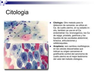 Citologia
 Citologia: Otro metodo para la
deteccion de canceres, se utiliza en
Ca. de cuello uterino, en su estadio in-
situ, tambien se usa en el Ca.
endometrial; Ca. broncogenico, los Ca
de vejiga, prostata, gastricos y los
liquidos de las cavidades abdominal,
toracica, articulaciones y
cefaloraquideo.
 Anaplasia: son cambios morfologicos
en las celulas descamadas que
indican su origen canceroso el
gratificante control del carcinoma de
cuello uterino es el mejor testimonio
del valor del metodo citologico.
 