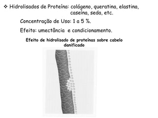 v Hidrolisados de Proteína: colágeno, queratina, elastina,
caseína, seda, etc.
Concentração de Uso: 1 a 5 %.
Efeito: umectância e condicionamento.
Efeito de hidrolisado de proteínas sobre cabelo
danificado

 