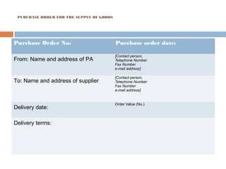 PURCHASE ORDER FOR THE SUPPLY OF GOODS
 
Purchase Order No: Purchase order date:
From: Name and address of PA
[Contact person,
Telephone Number
Fax Number
e-mail address]
To: Name and address of supplier
[Contact person,
Telephone Number
Fax Number
e-mail address]
Delivery date:
Order Value (Nu.)
Delivery terms:
 