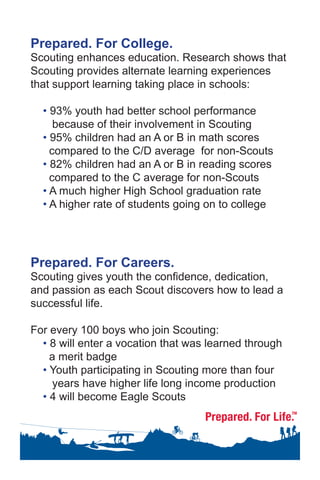 Prepared. For College.
Scouting enhances education. Research shows that
Scouting provides alternate learning experiences
that support learning taking place in schools:
• 93% youth had better school performance
because of their involvement in Scouting
• 95% children had an A or B in math scores
compared to the C/D average for non-Scouts
• 82% children had an A or B in reading scores
compared to the C average for non-Scouts
• A much higher High School graduation rate
• A higher rate of students going on to college
Prepared. For Careers.
Scouting gives youth the confidence, dedication,
and passion as each Scout discovers how to lead a
successful life.
For every 100 boys who join Scouting:
• 8 will enter a vocation that was learned through
a merit badge
• Youth participating in Scouting more than four
years have higher life long income production
• 4 will become Eagle Scouts
 