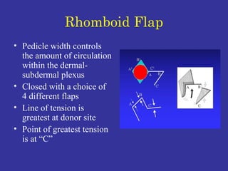 Rhomboid Flap Pedicle width controls the amount of circulation within the dermal-subdermal plexus Closed with a choice of 4 different flaps Line of tension is greatest at donor site Point of greatest tension is at “C” 