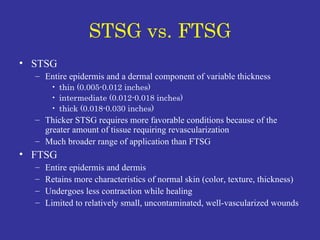 STSG vs. FTSG STSG Entire epidermis and a dermal component of variable thickness thin (0.005-0.012 inches) intermediate (0.012-0.018 inches) thick (0.018-0.030 inches) Thicker STSG requires more favorable conditions because of the greater amount of tissue requiring revascularization Much broader range of application than FTSG FTSG Entire epidermis and dermis Retains more characteristics of normal skin (color, texture, thickness)  Undergoes less contraction while healing Limited to relatively small, uncontaminated, well-vascularized wounds 