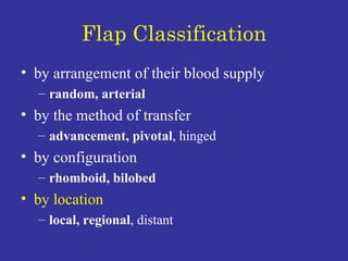 Flap Classification by arrangement of their blood supply random, arterial by the method of transfer advancement, pivotal , hinged  by configuration rhomboid, bilobed by location   local, regional , distant 